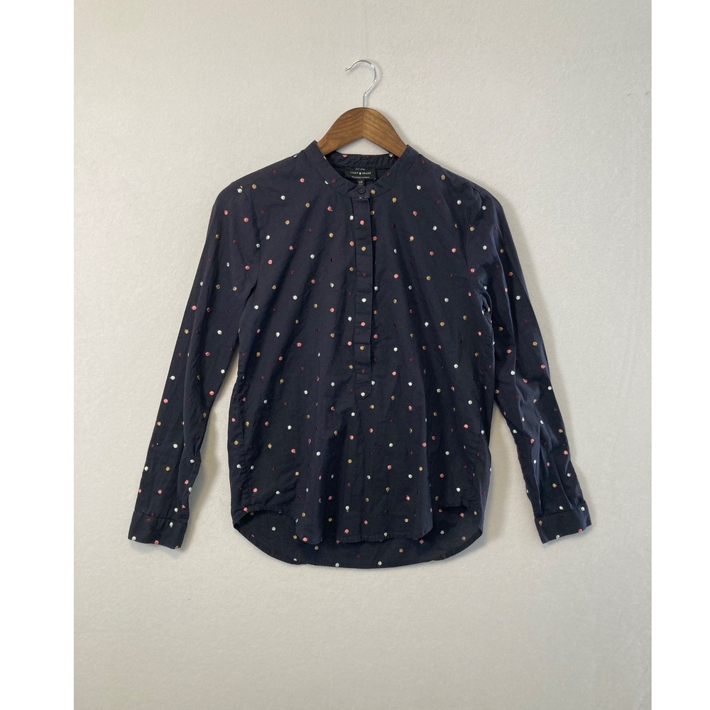 Lucky Brand Embroidered Polka Dot Blouse Womens Small Navy Blue Long Sleeve Top